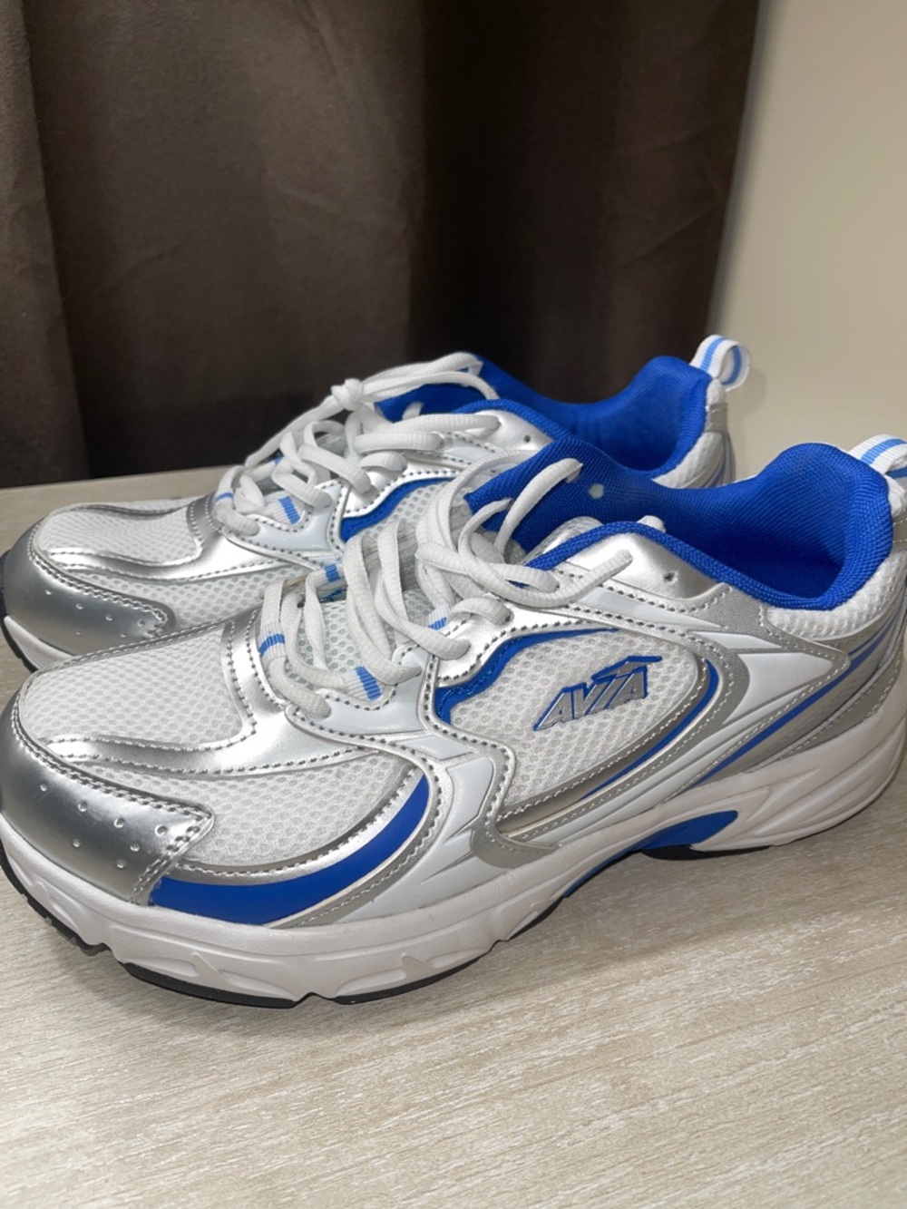 Avia White Silver and Blue Mesh Athletic Sneakers